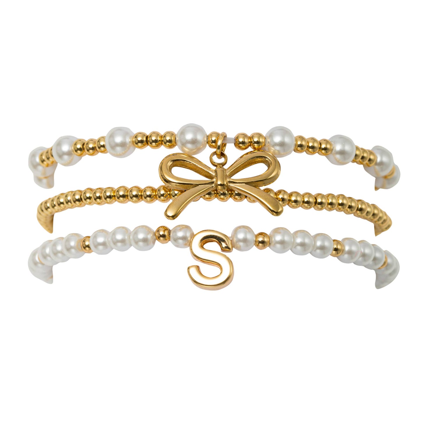 18K Gold Plated Set of 3 Pearl Bracelet with Bow & "S"