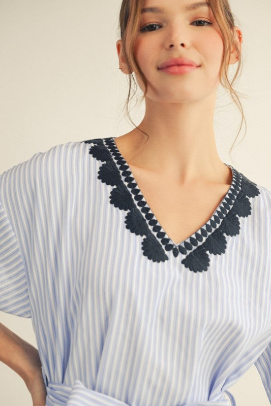 Embroidery Accent Stripe Midi Dress
