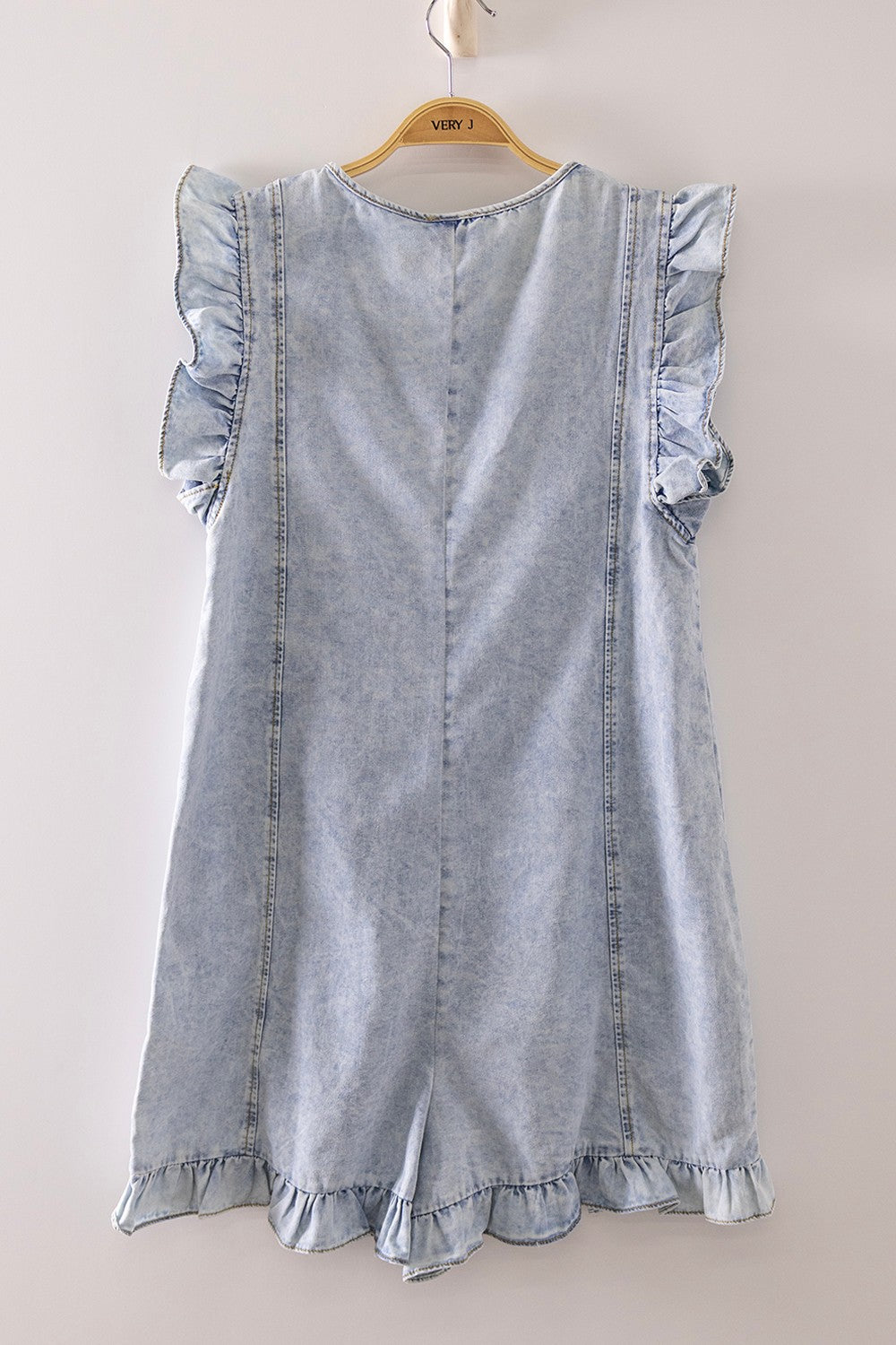 Ruffle Denim Romper: Lt Indigo
