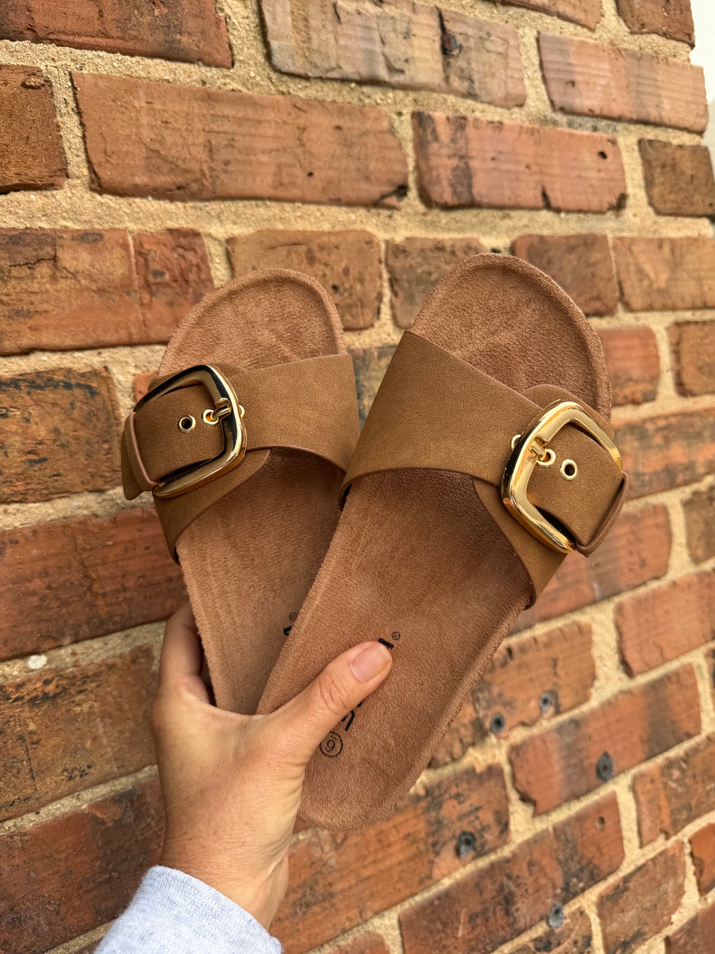 LIZZY-S Gold Buckle Cork Slide Sandals : TAN