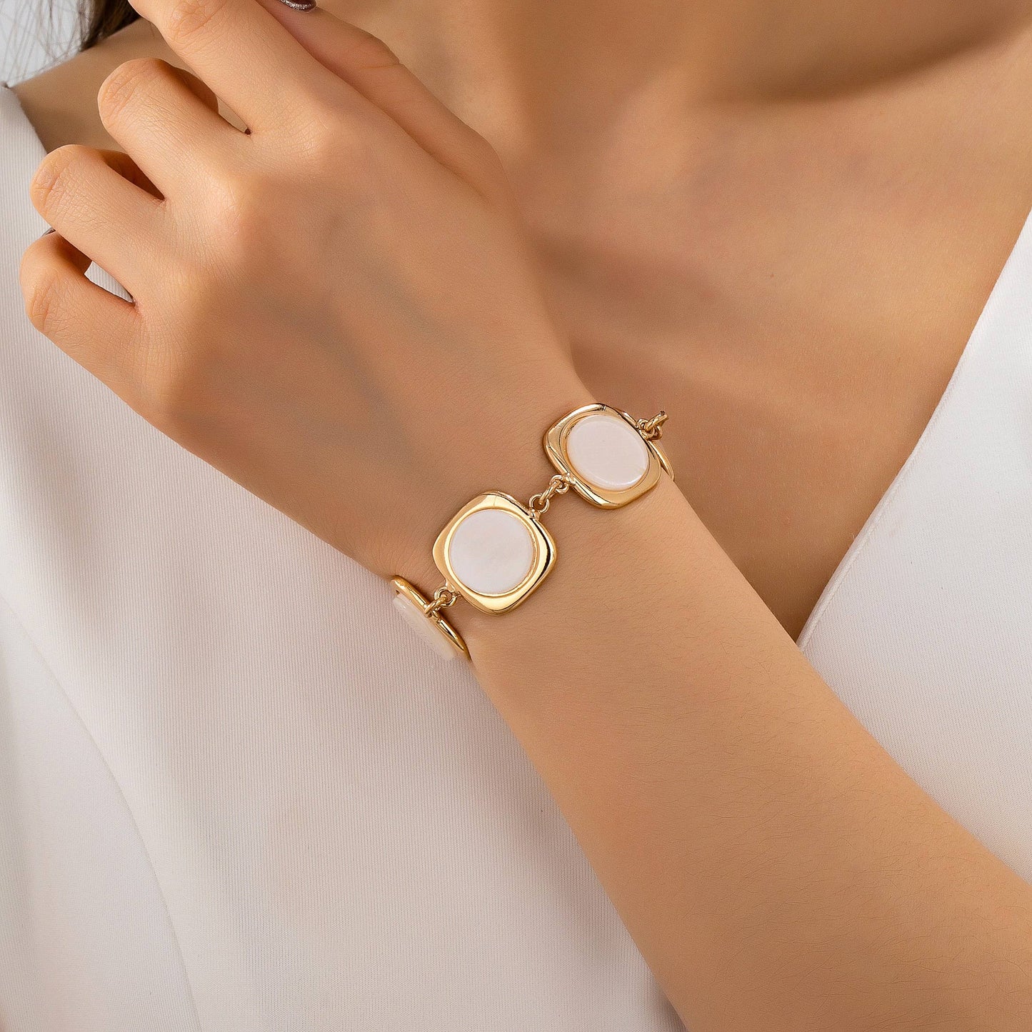 White Pearly Inlay Square Link Bracelet