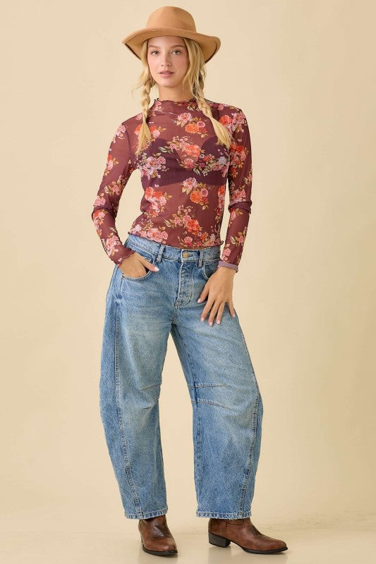 Floral Long Sleeve Mesh Top
