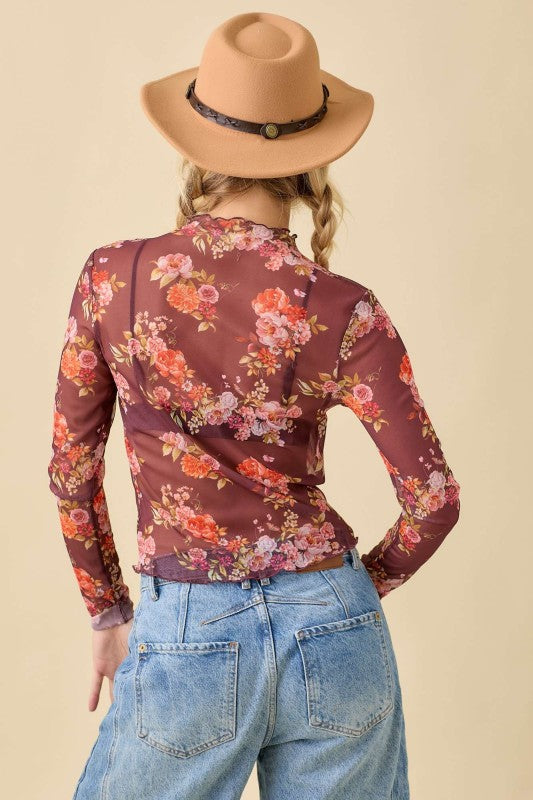 Floral Long Sleeve Mesh Top