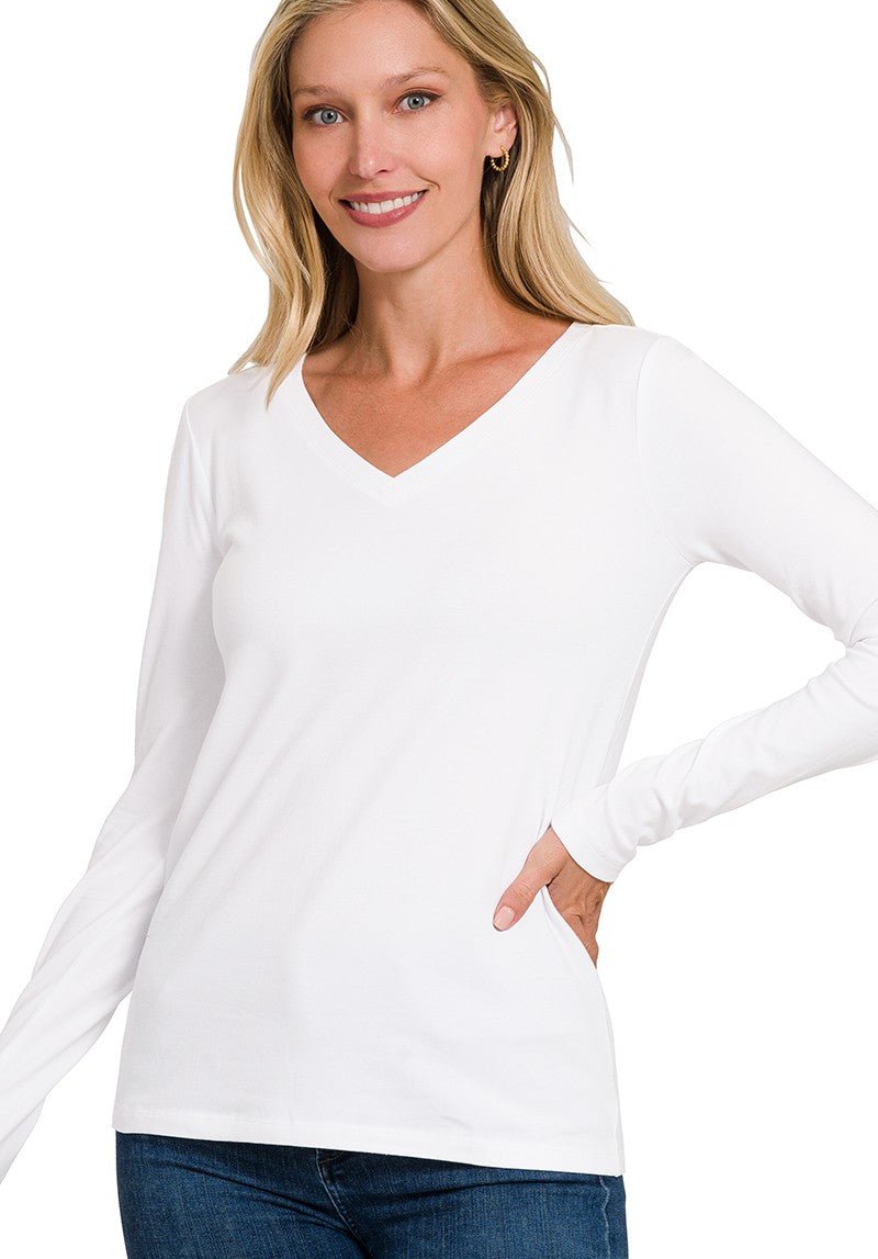 Cotton V-Neck Long Sleeve Tee