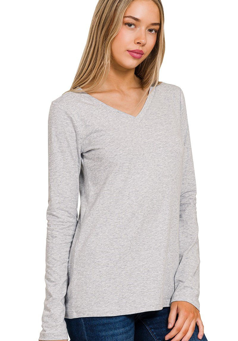 Cotton V-Neck Long Sleeve Tee