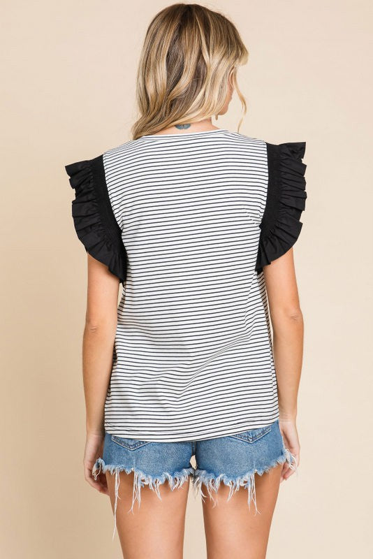 Striped Frill Shoulder Top