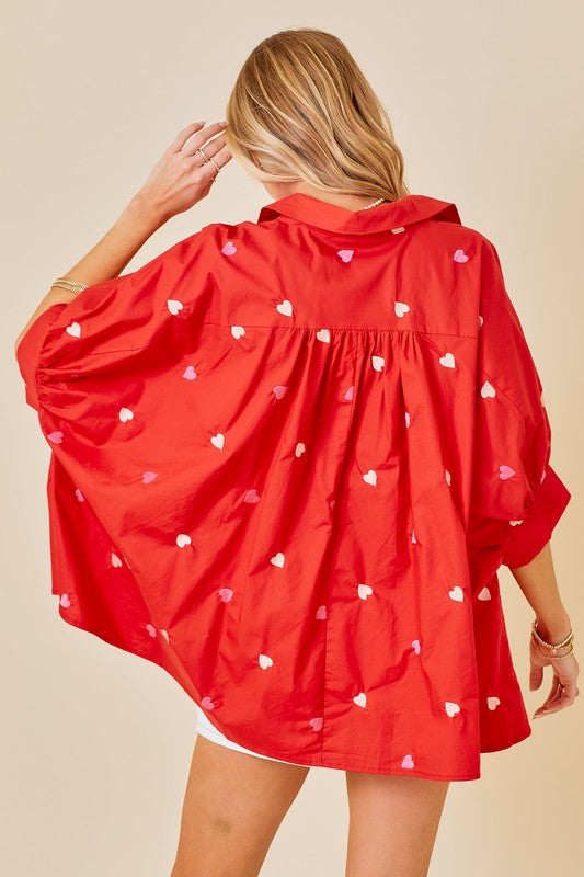 Heart Embroidered Oversized Button-Down Top