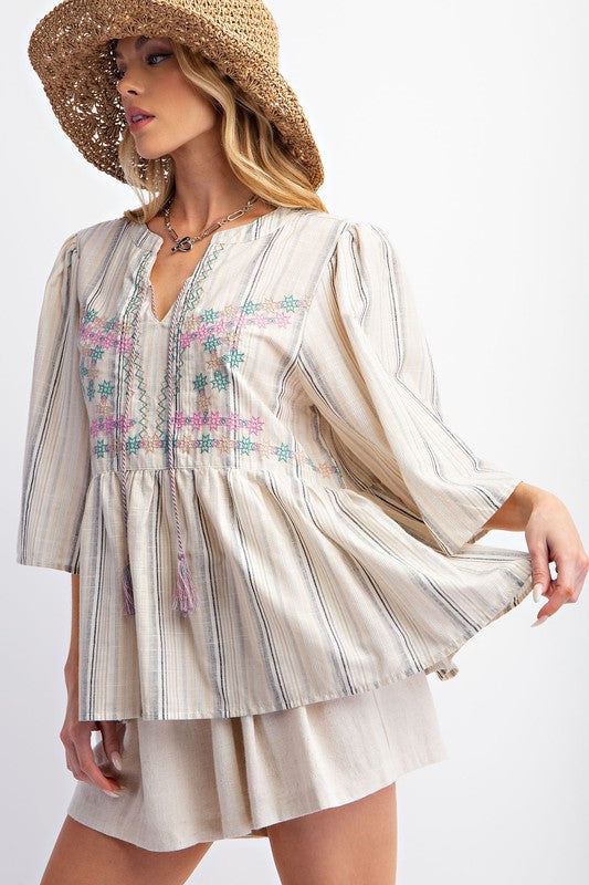 Striped Cotton Linen Embo Top