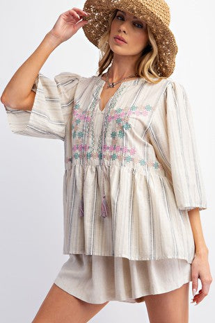 Striped Cotton Linen Embo Top