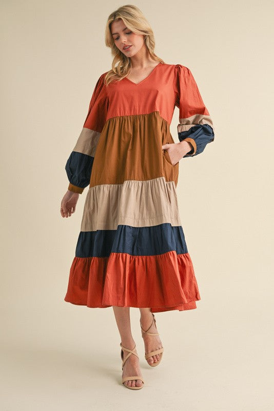 Striped Tiered Layer Midi Dress