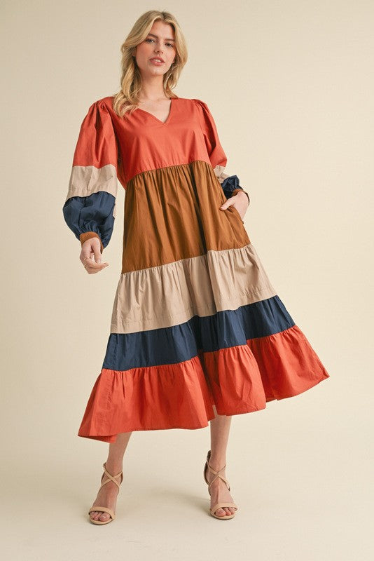 Striped Tiered Layer Midi Dress Peach Petunia Striped Tiered Layer Midi Dress Peach Petunia