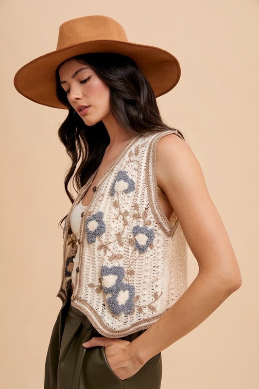 Floral Embo Patch Crochet Vest
