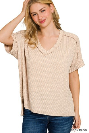 Raised Rib Short Sleeve Hi-Low V-Neck Top