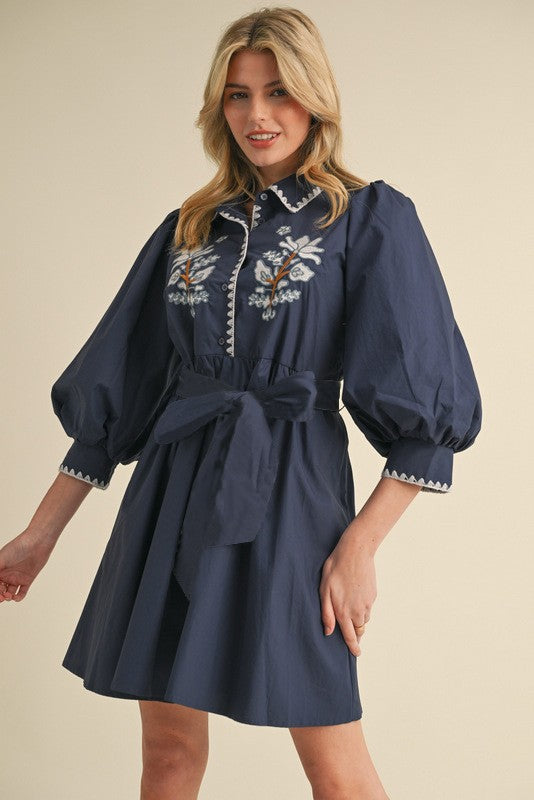 Embroidery Belted 3/4 Sleeves Dress