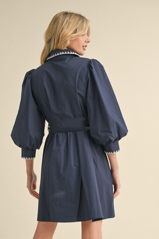 Embroidery Belted 3/4 Sleeves Dress