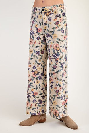 Washed Floral Print Denim Pants