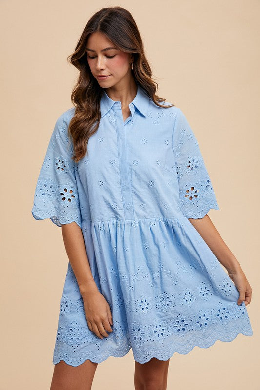 Embroidered Scallop Edge Mini Dress M Embroidered Scallop Edge Mini Dress M