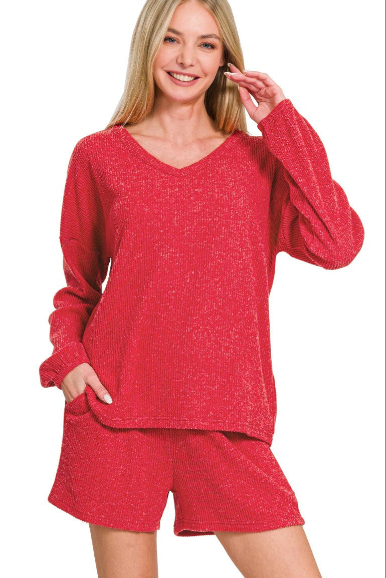 Brushed Ribbed Hacci V-Neck Tee & Short Set