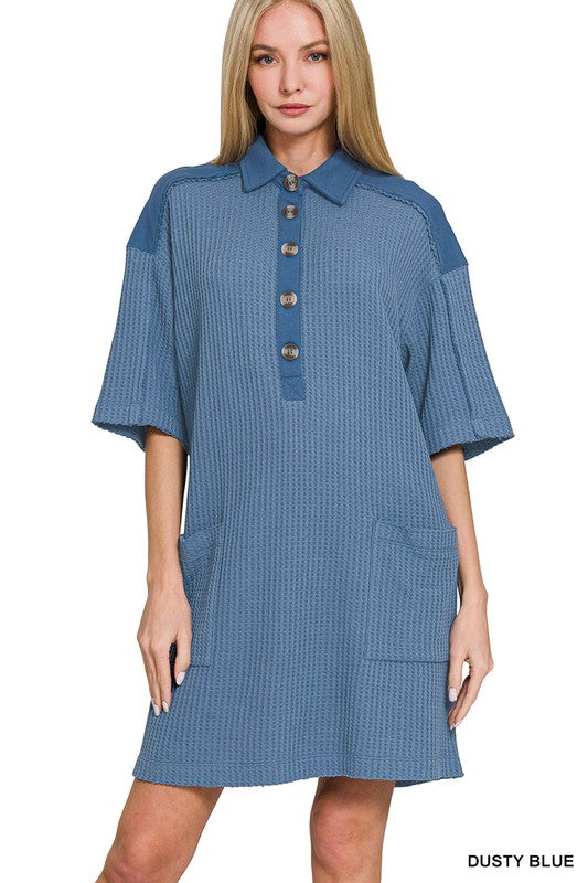 Waffle Half-Button Dress w/pockets
