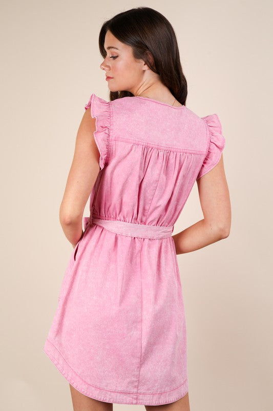 Washed Chambray Ruffle Mini Dress