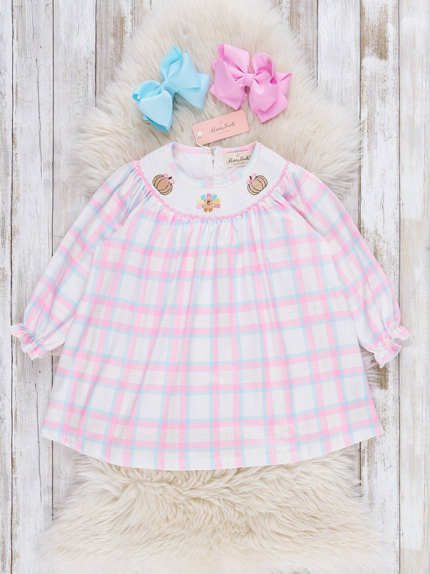 Plaid Smocked Embroidered Pumpkins & Turkey Dress