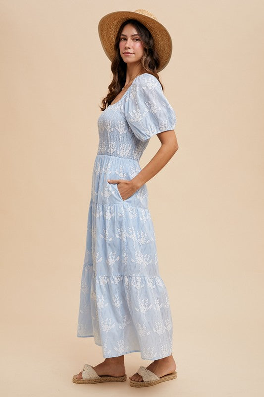 Floral Print Smocking Tiered Midi Dress
