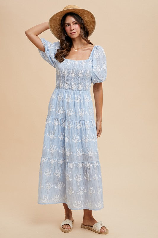 Floral Print Smocking Tiered Midi Dress