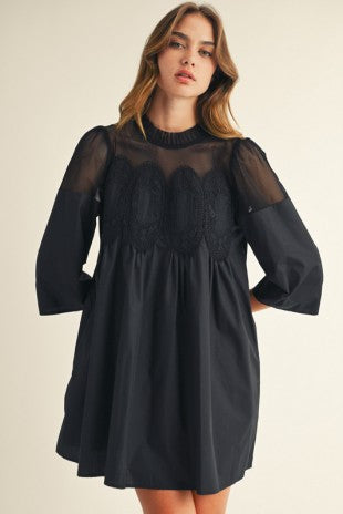 Crochet Lace Trim Accent Babydoll Dress L