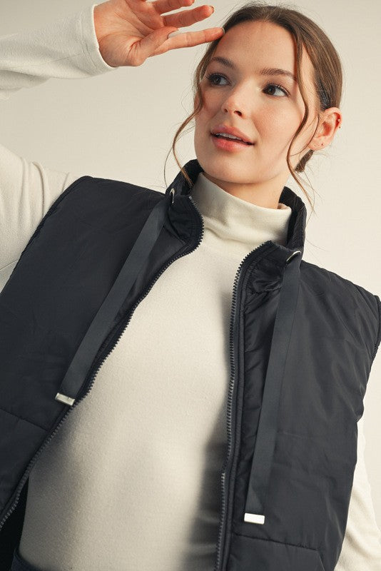 Drawstring High Neck Puffer Vest