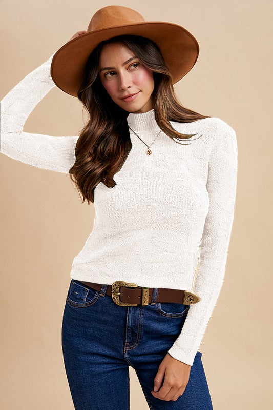 Floral Jacquard Textured Mock Neck Top