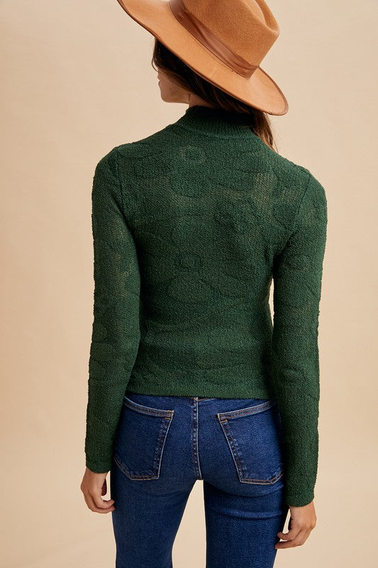 Floral Jacquard Textured Mock Neck Top
