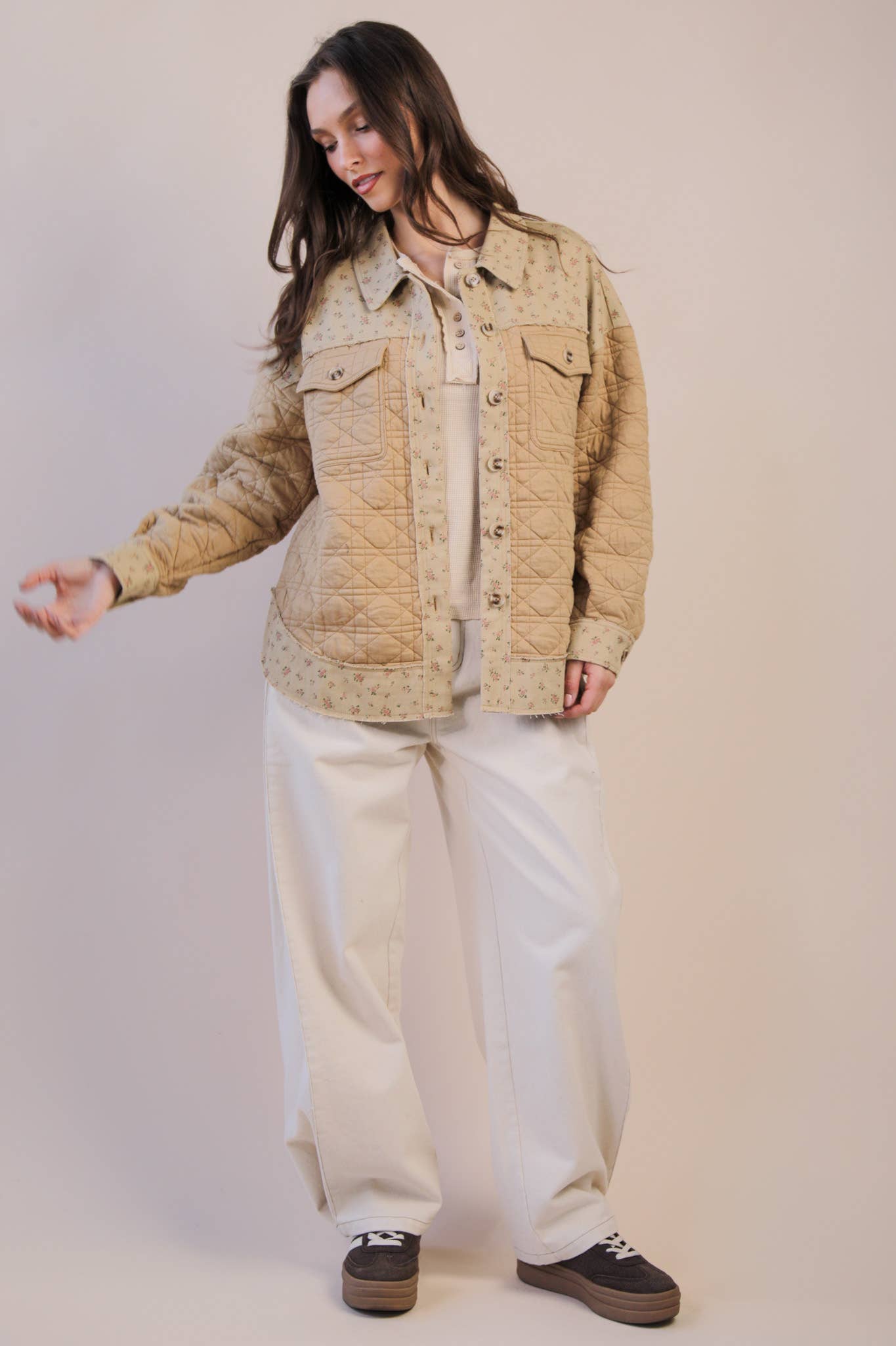 Oversized Floral Printed Contrast Cotton Jacket