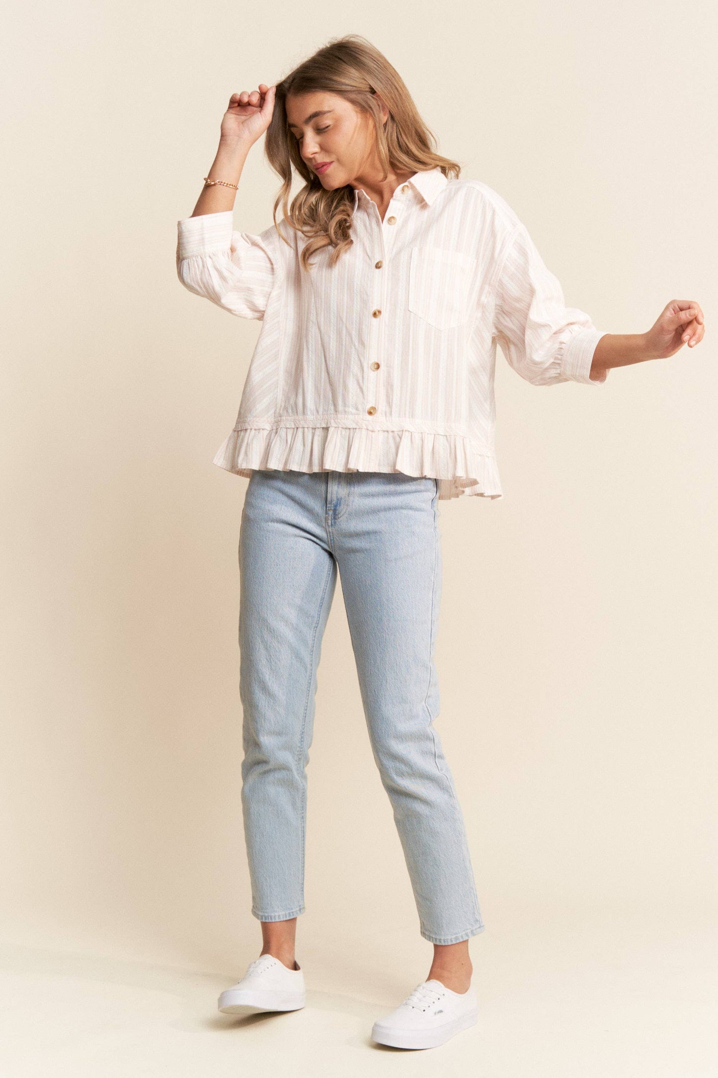 Stripe Jacquard Button Up Pleated Top