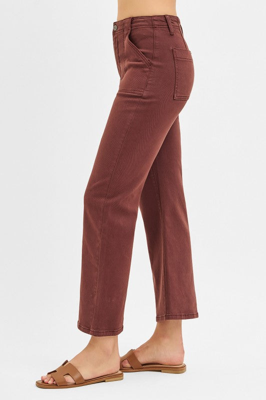 High Rise Ankle Flare Patch Pocket Jeans