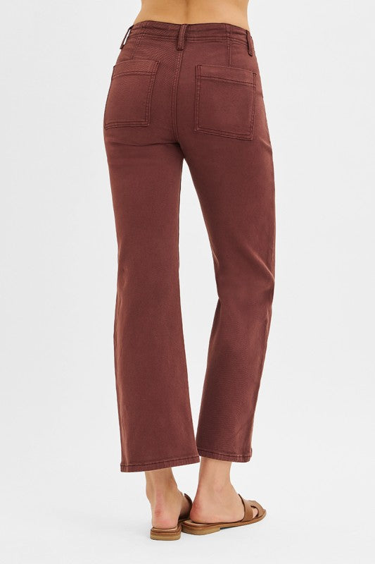 High Rise Ankle Flare Patch Pocket Jeans
