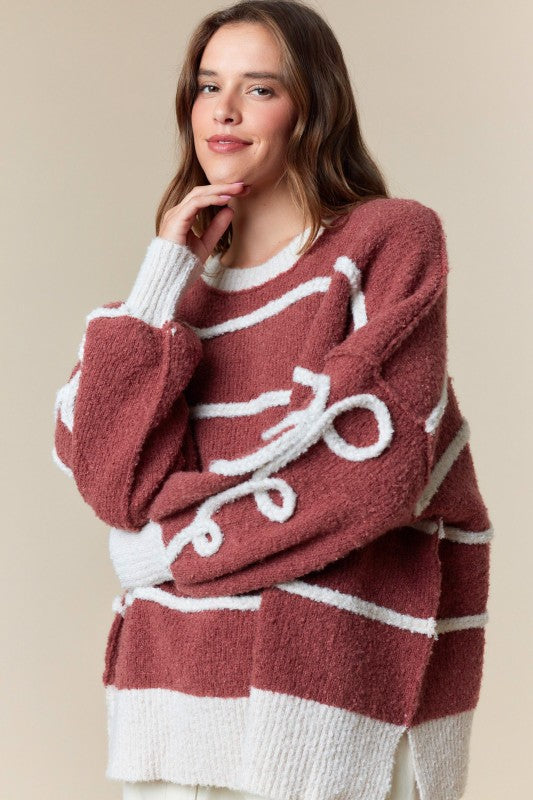 Cord Stripe & Bow Detailed Sweater