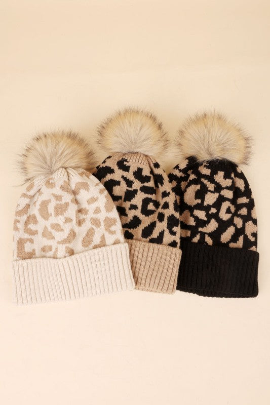 Leopard Knit Pom Pom Beanie