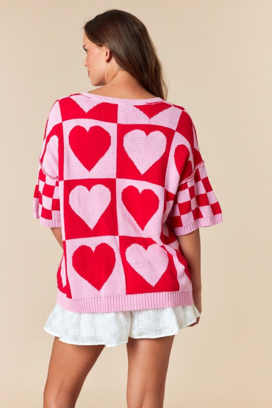 Checker Heart Colorblock Knit Top