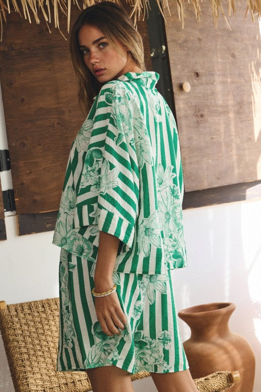 Striped Floral Printed Shirt & Short Set