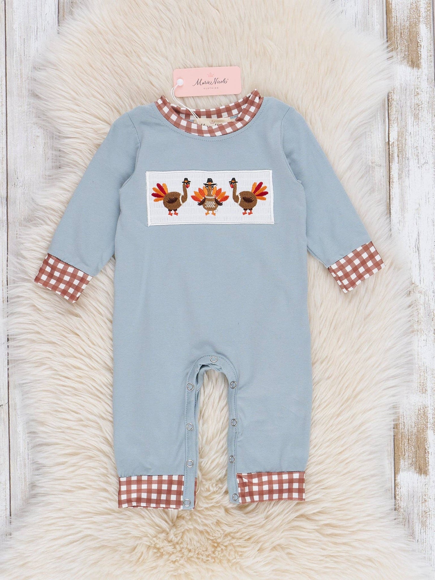 Dusty Blue & Brown Gingham Smocked Turkeys Romper
