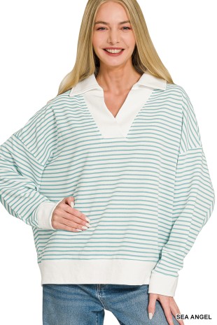 Striped Split Neck Collared Top