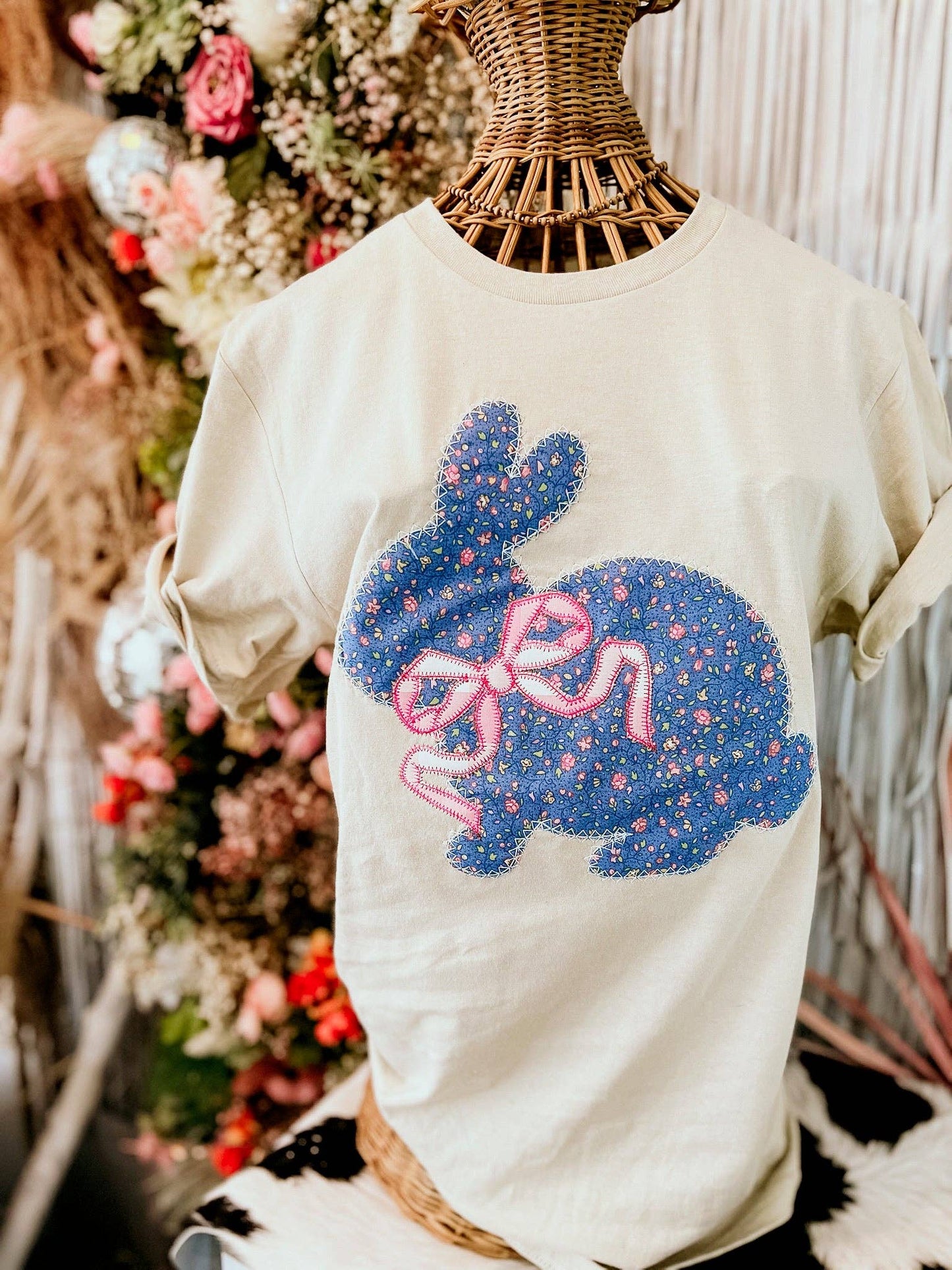 Floral Bunny With Bow | Handmade: S / Tee Shirt