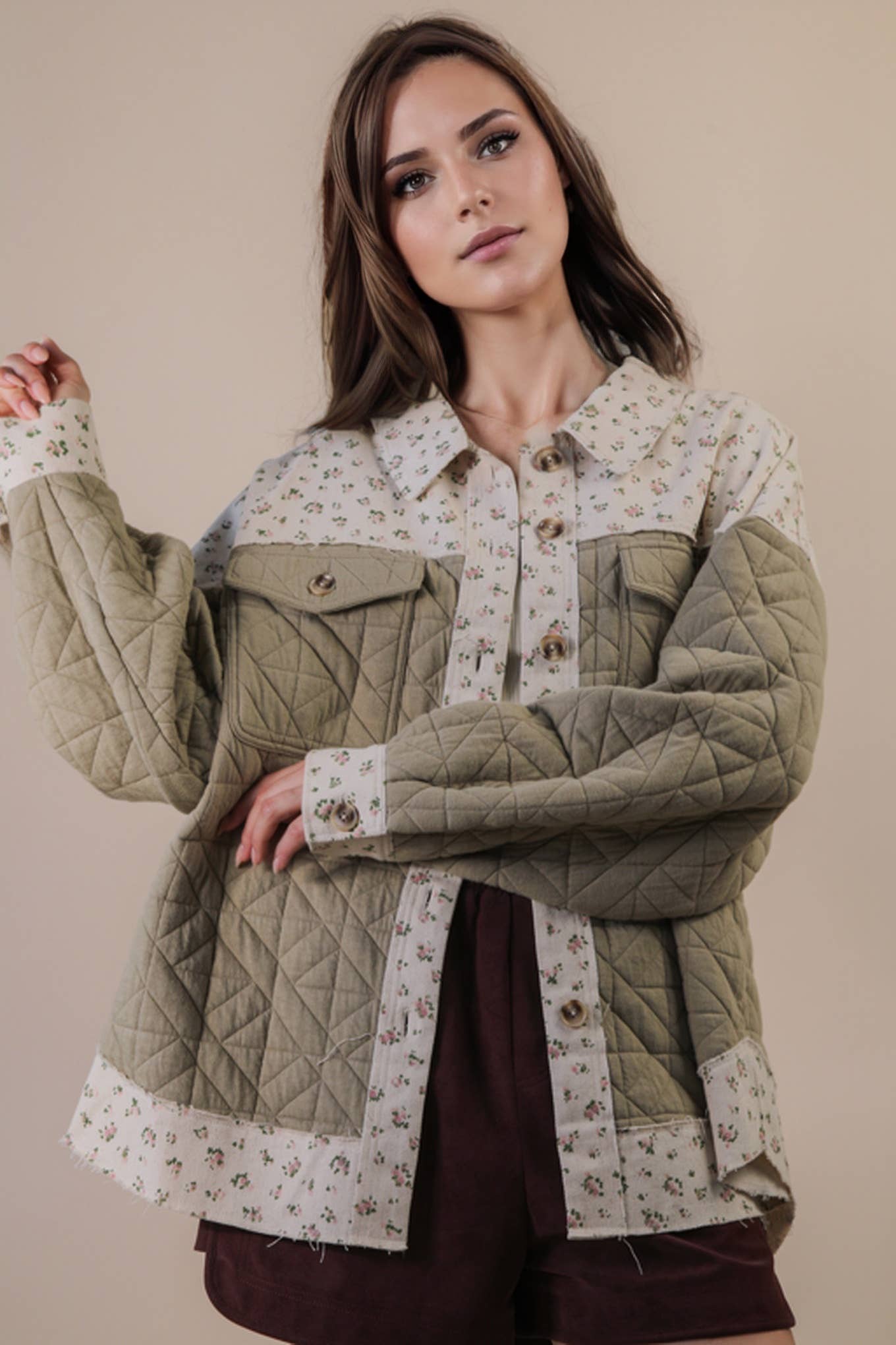 Oversized Floral Printed Contrast Cotton Jacket