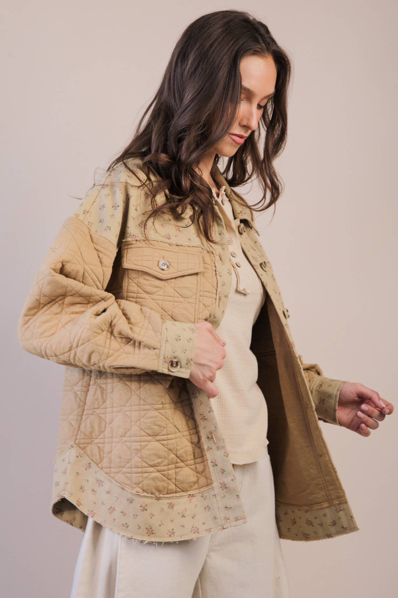 Oversized Floral Printed Contrast Cotton Jacket