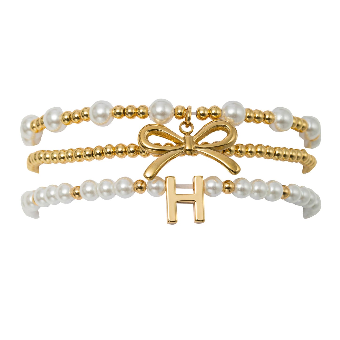 18K Gold Plated Set of 3 Pearl Bracelet with Bow & "H"