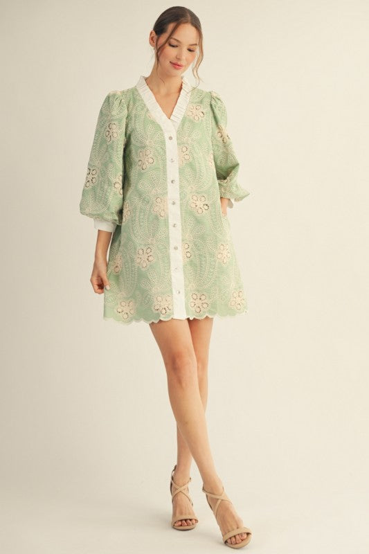 Crochet Lace Accent Embroidered Dress: Green