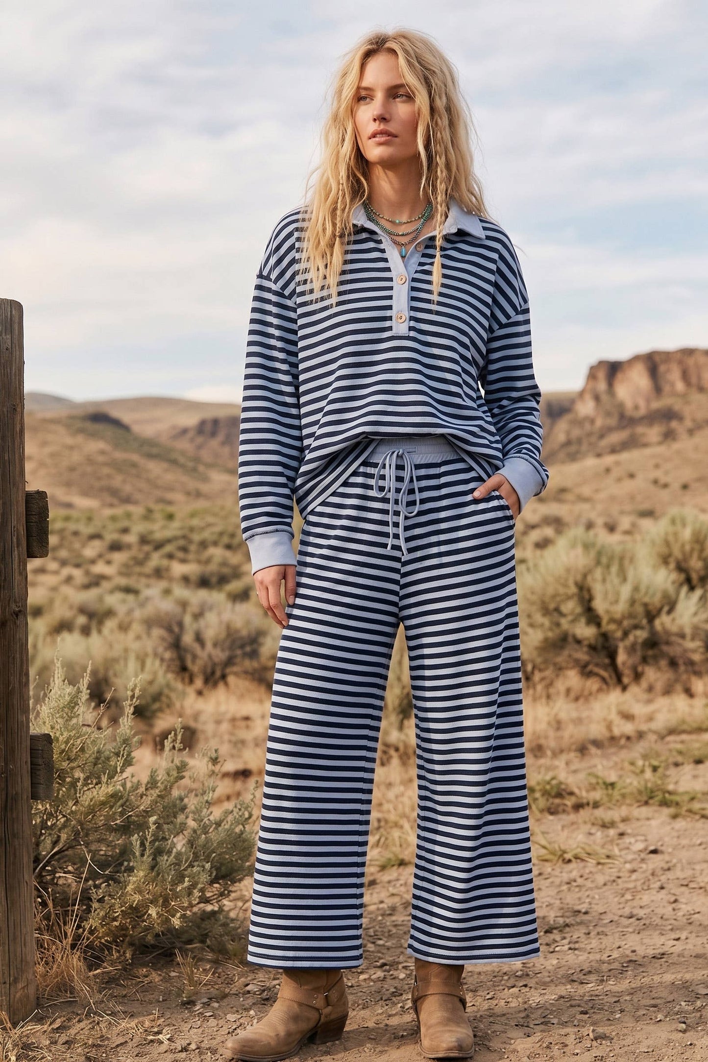 Soft Touch Stripe Wide Leg Set: BLUE/NAVY