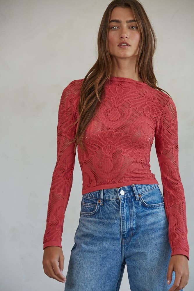 Jacquard Mock Neck Long Sleeve Top