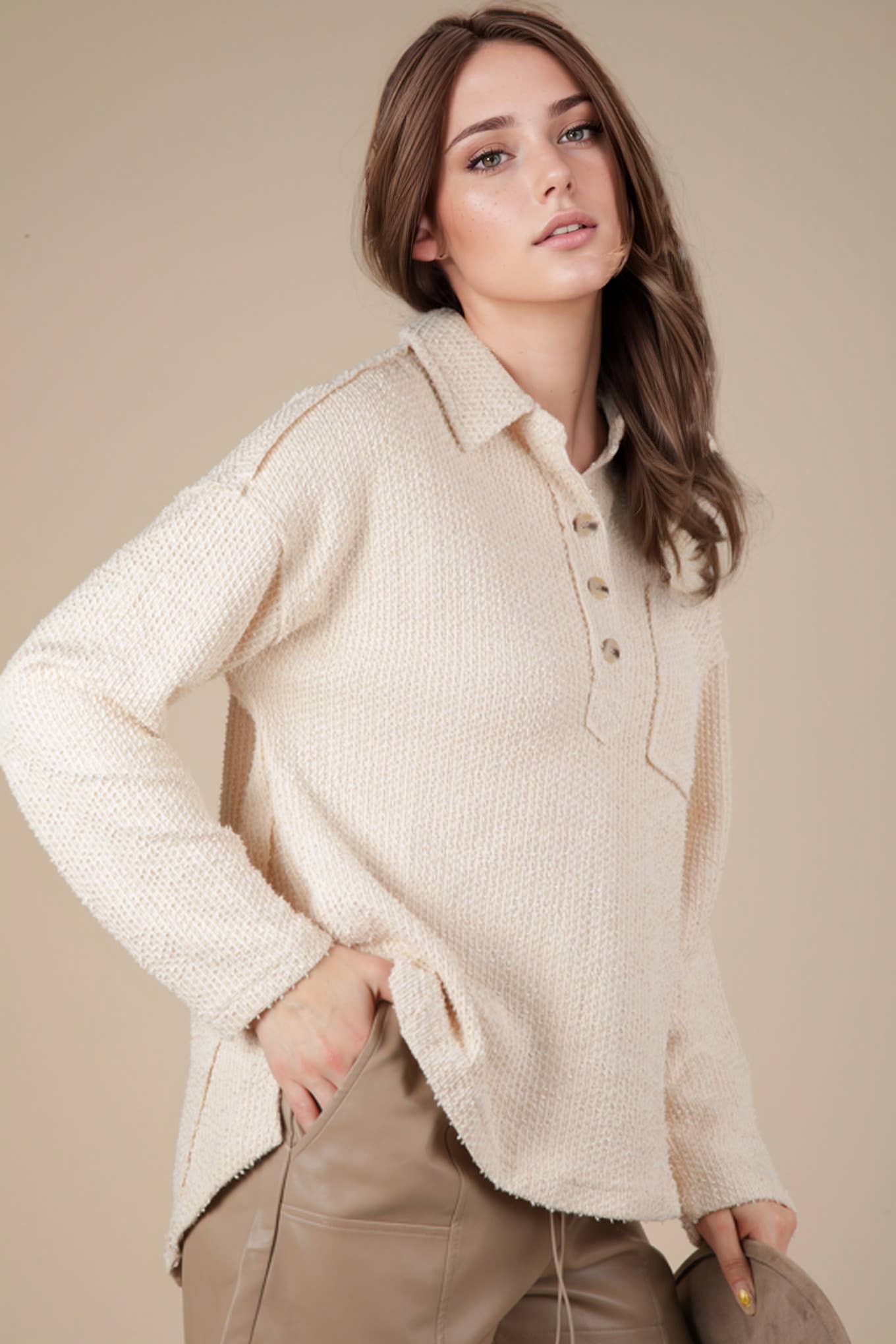 Half Button Down Collared Textured Henley Knit Top
