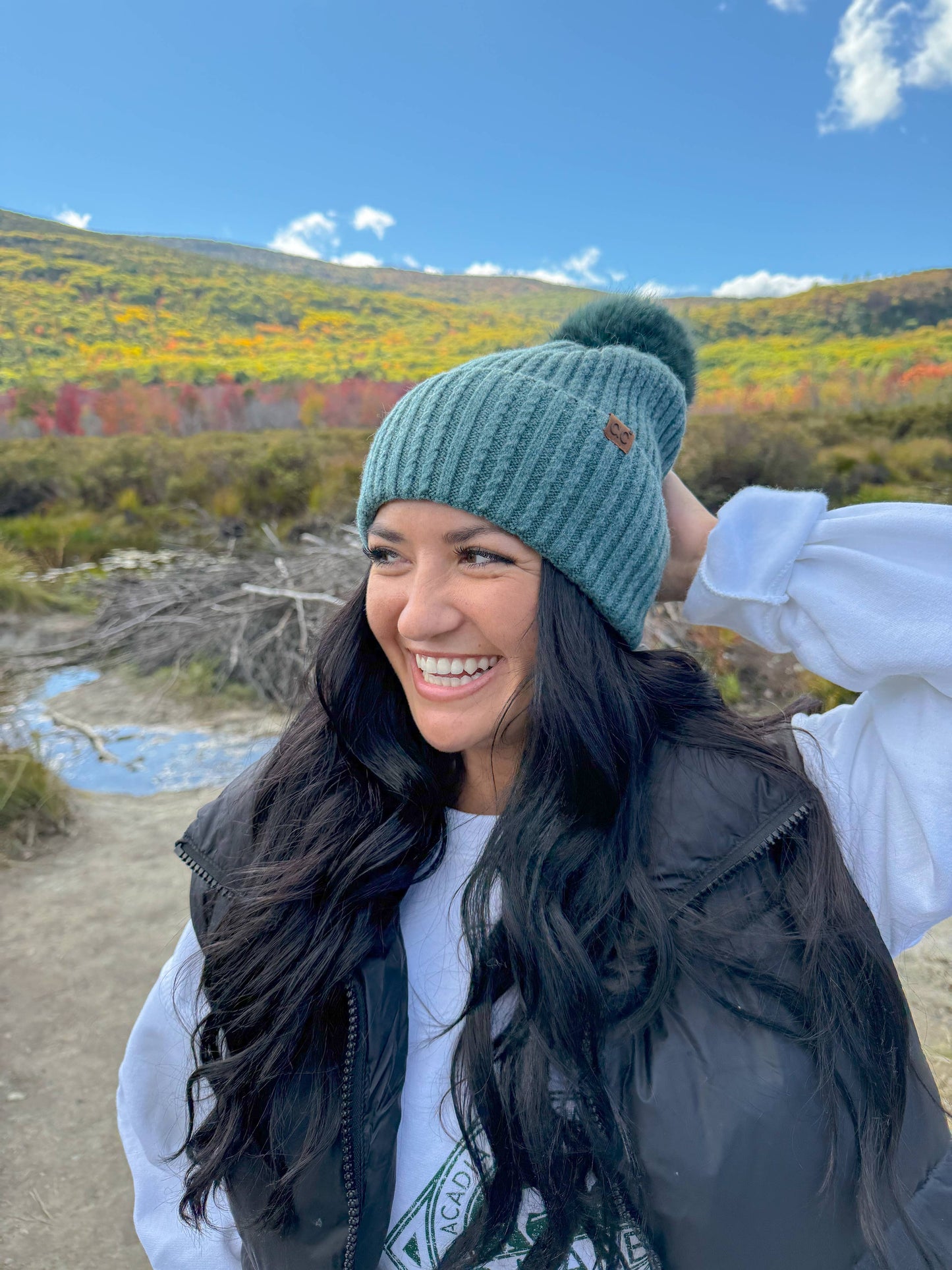 Cable Cuff Pom Beanie